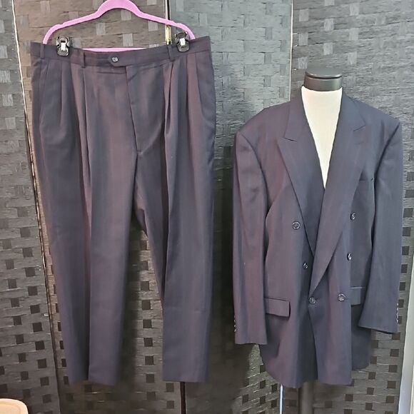 Austin Reed Men's Navy Pinstripe Wool Double-Breasted Suit Jacket 48L/Pants 42